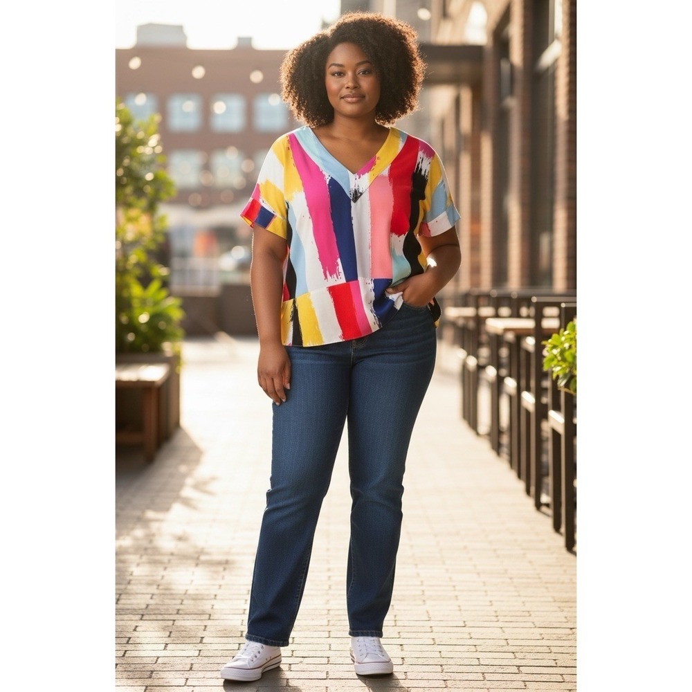 Crosby by Mollie Burch‎ Top XS Suzie Multicolor Surf Shack Short Sleeve Artsy